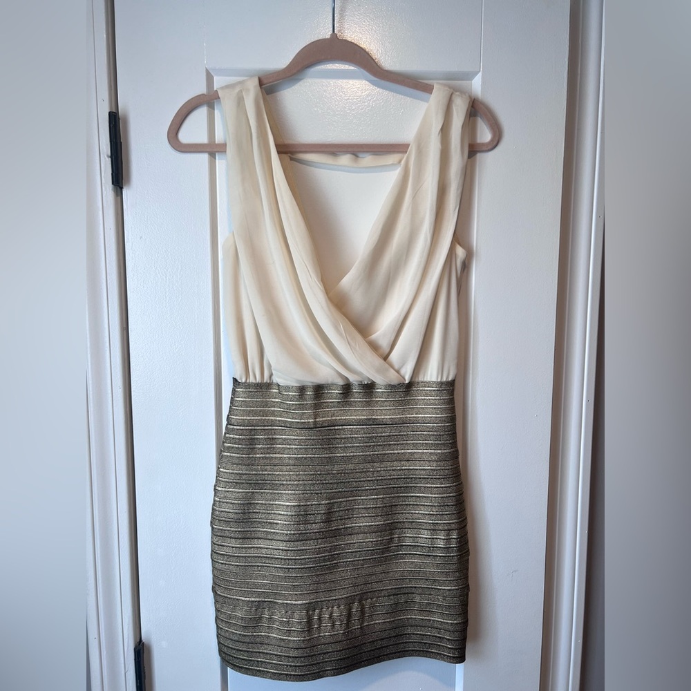 Elegant mini dress- gold bodycon bottom with flowy cream top